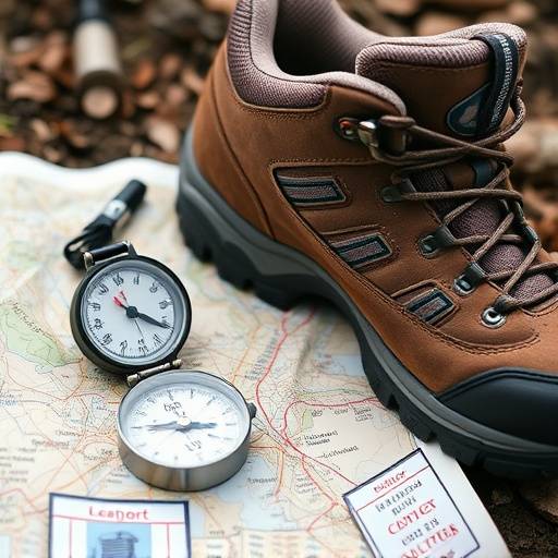 A compass and a hiking boot resting on a trail map, symbolizing preparation and adventure.