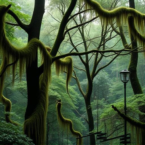 A dense, verdant rainforest with moss-covered trees and a humid atmosphere.