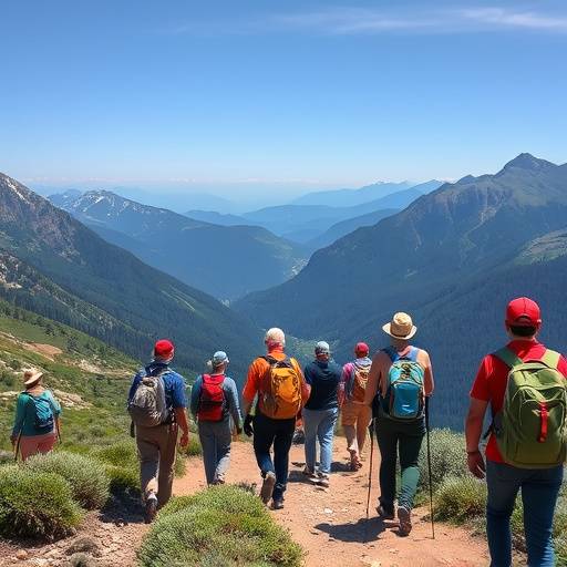 A diverse group of hikers, including individuals using wheelchairs and with guide dogs, enjoying a scenic mountain trail.