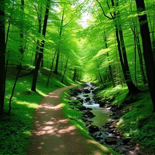 A gentle, shaded trail following a babbling brook through a lush green forest.