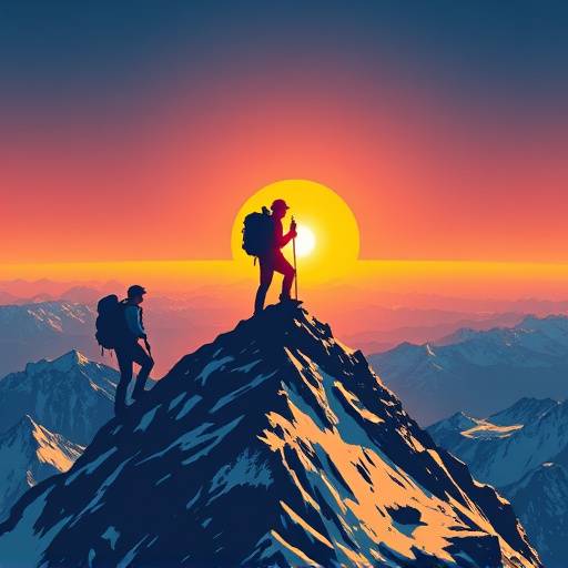 A graphic illustration of hikers reaching a mountain summit with a sunburst behind them.