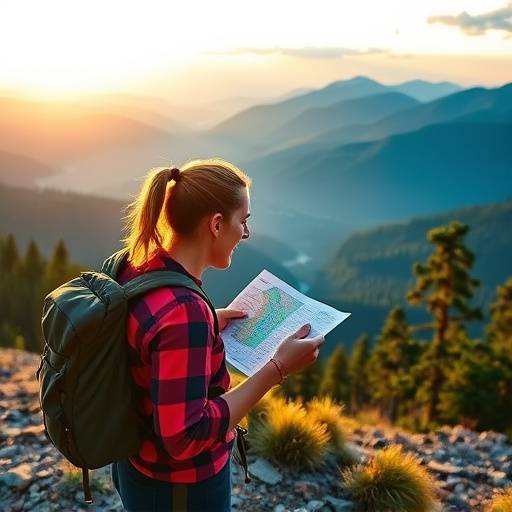 A hiker looking at a map with a scenic mountain view in the background, symbolizing exploration and navigation.