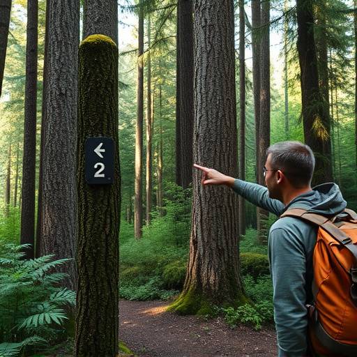 A hiker pointing to a trail marker on a tree in a dense forest.