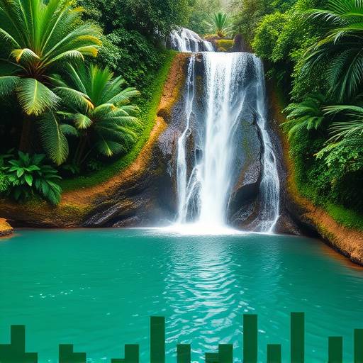 A lush waterfall cascading into a clear pool within a tropical rainforest
