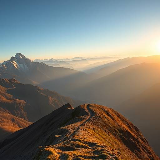 A majestic mountain vista with a winding trail leading towards the summit, bathed in golden hour light.