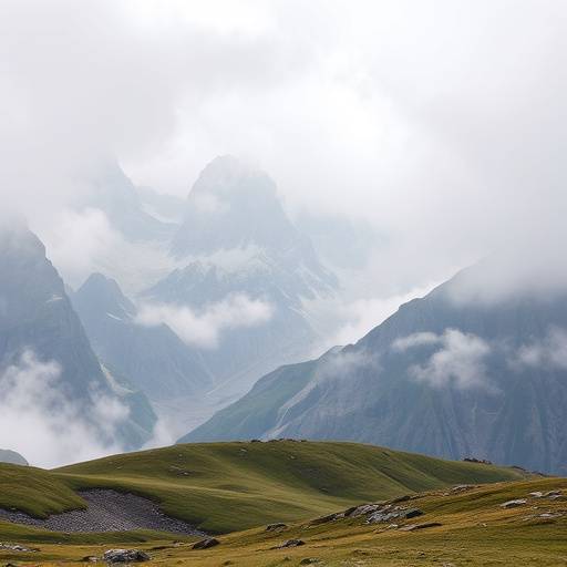 A misty mountain range with jagged peaks and alpine meadows.