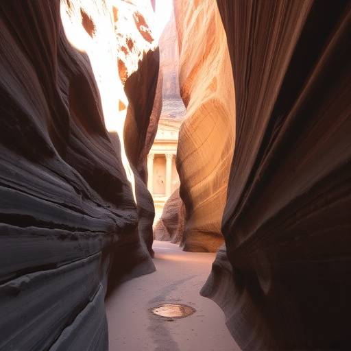 A narrow canyon with towering sandstone walls and a dry riverbed