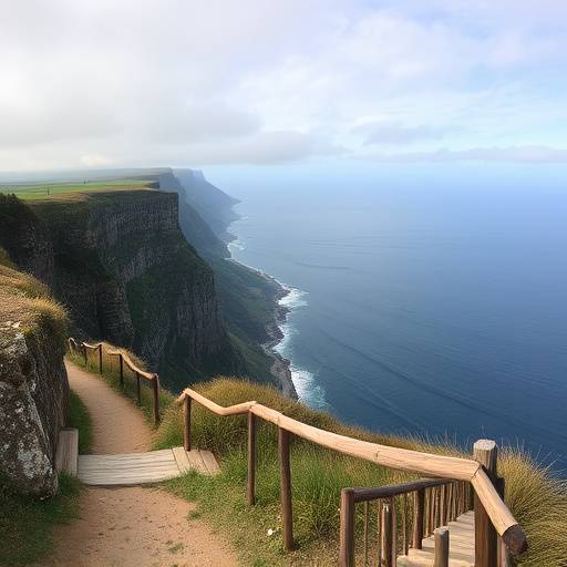 A panoramic view of a coastal trail with cliffs meeting the ocean.