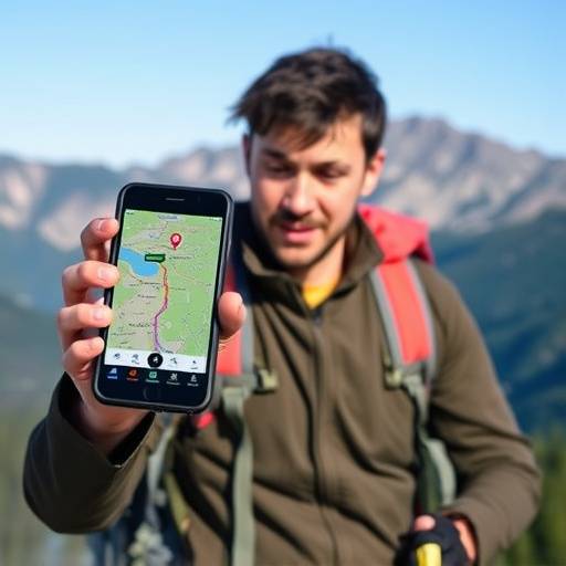 A person using a hiking app on their phone with a scenic mountain view in the background.