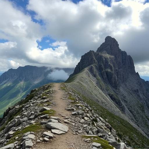 A rocky path leading up a steep mountain slope with dramatic cloud formations