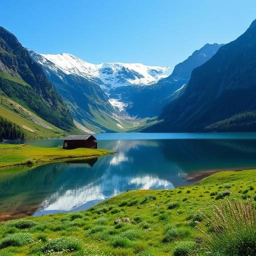 A serene alpine lake surrounded by snow-capped mountains and green meadows