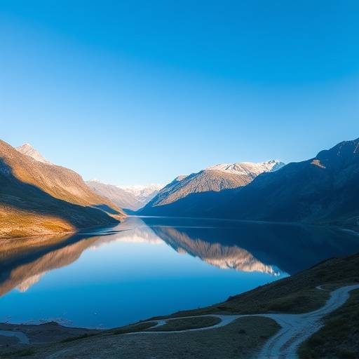 A serene mountain lake reflecting a clear blue sky with a winding trail leading towards it.