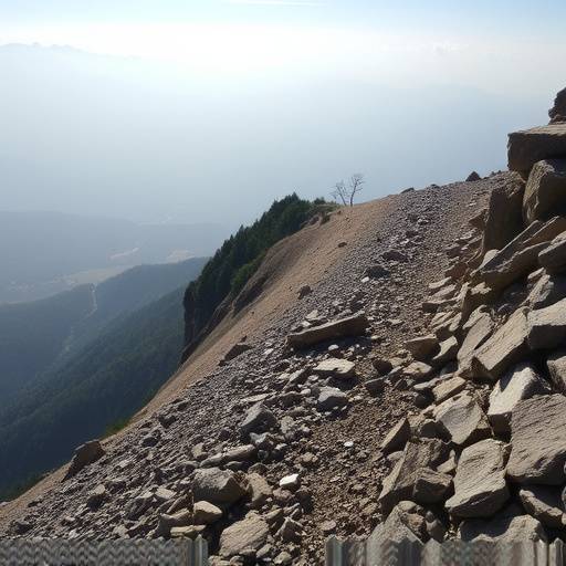 A steep, rocky trail leading to a summit overlooking a vast, misty valley.