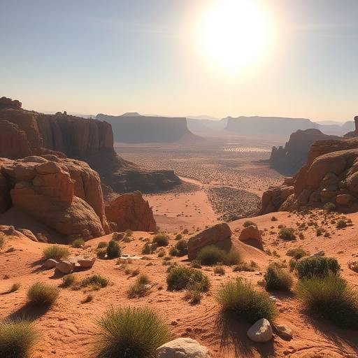 A sun-drenched desert landscape with rocky formations and sparse vegetation.