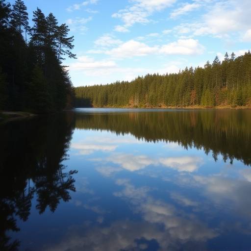 A tranquil lake surrounded by trees, reflecting the sky.