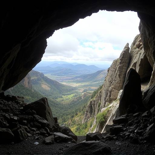 A view from a cave opening looking out onto a dramatic landscape.