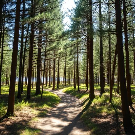 A winding mountain path through a dense pine forest, with sunlight dappling the ground.