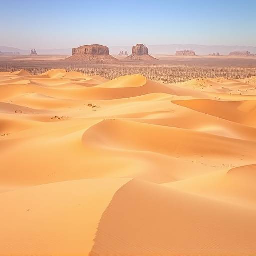 Expansive desert landscape with dunes and a distant rock formation
