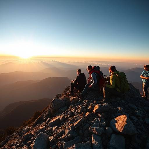 Hikers resting on a mountain summit, enjoying the view