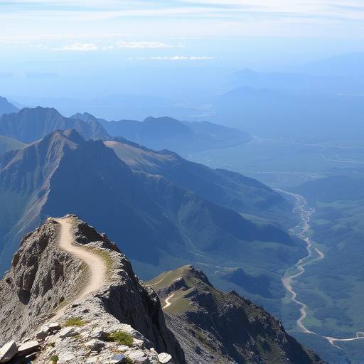 Panoramic view from a mountain summit with a winding trail below