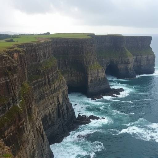 Rugged coastline with dramatic cliffs and waves crashing against rocks