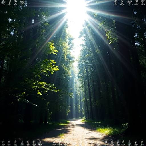 Sunlight filtering through tall trees in a dense forest, with a clear path ahead